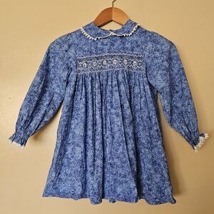 Vtg Amanda Mae Hand Smocked Prairie Dress Sz 6 Blue Floral Cottagecore Prairie